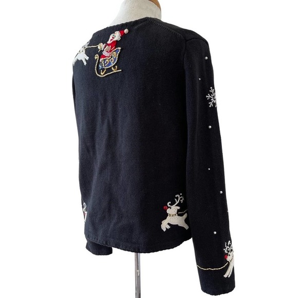 Michael Simon Cardigan Christmas Sweater Art Santa Claus Beaded Reindeer Large - Picture 15 of 16